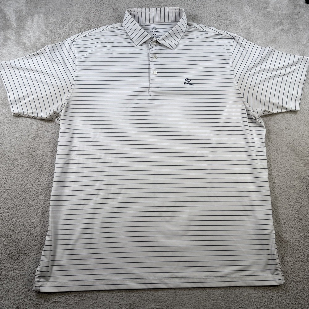 Rhoback Polo Shirt Mens 2XL White Navy Striped Golf Performance Stretch Active